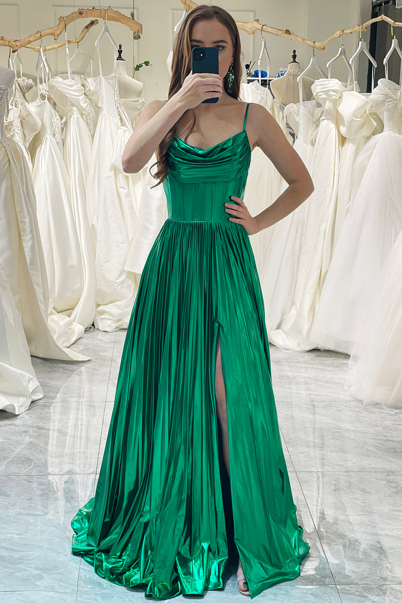 Load image into Gallery viewer, A-line Dark Green Spaghetti Straps Corset Prom Dress with Slit