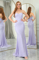 Load image into Gallery viewer, Lilac Mermaid Strapless Long Corset Prom Dress with Appliques