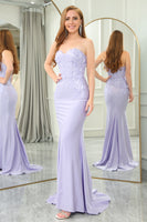 Load image into Gallery viewer, Lilac Mermaid Strapless Long Corset Prom Dress with Appliques