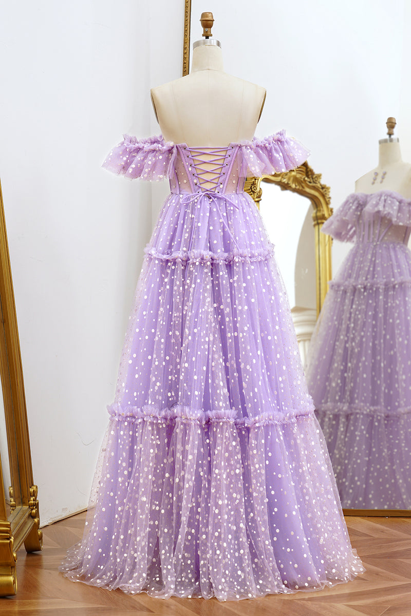 Load image into Gallery viewer, A Line Lilac Off the Shoulder Tulle Long Corset Prom Dress