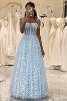 Load image into Gallery viewer, A-Line Sky Blue Printed Spaghetti Straps Corset Prom Dress