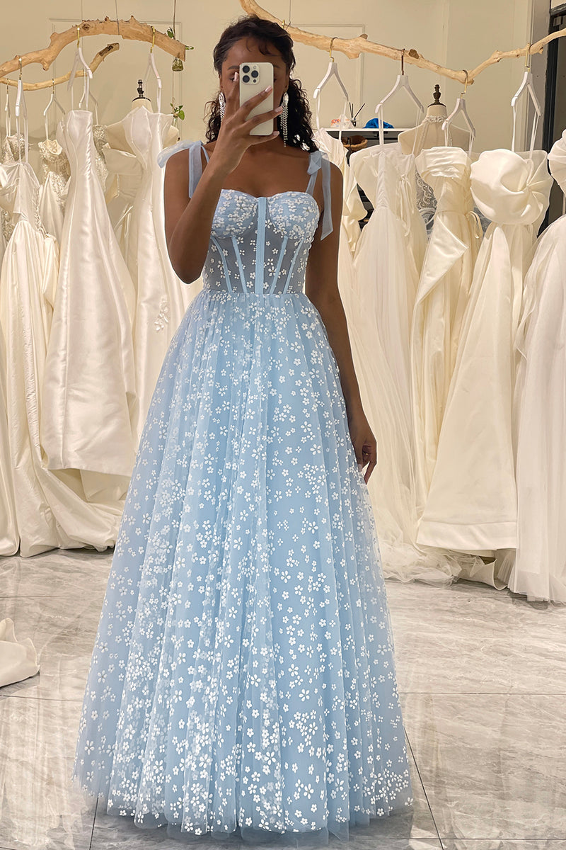 Load image into Gallery viewer, A-Line Sky Blue Printed Spaghetti Straps Corset Prom Dress