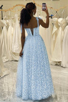 Load image into Gallery viewer, A-Line Sky Blue Printed Spaghetti Straps Corset Prom Dress