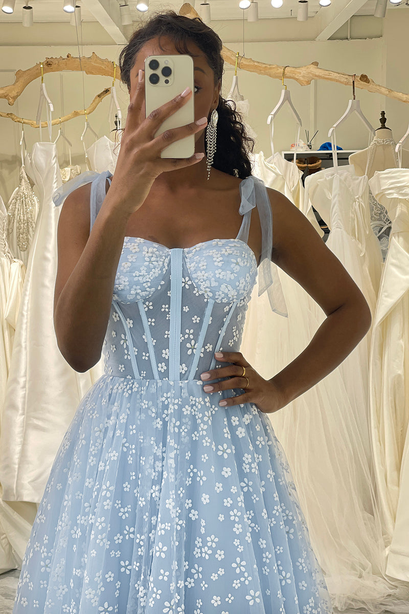 Load image into Gallery viewer, A-Line Sky Blue Printed Spaghetti Straps Corset Prom Dress