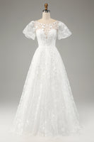 Load image into Gallery viewer, Ivory A-Line Puff Sleeves Wedding Dress with Appliques