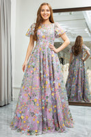 Load image into Gallery viewer, Mauve A-Line Round Neck Prom Dress with Appliques