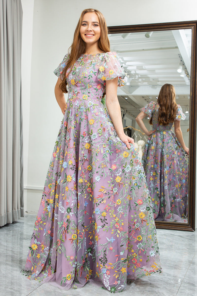 Load image into Gallery viewer, Mauve A-Line Round Neck Prom Dress with Appliques