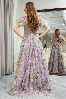 Mauve A-Line Round Neck Prom Dress with Appliques