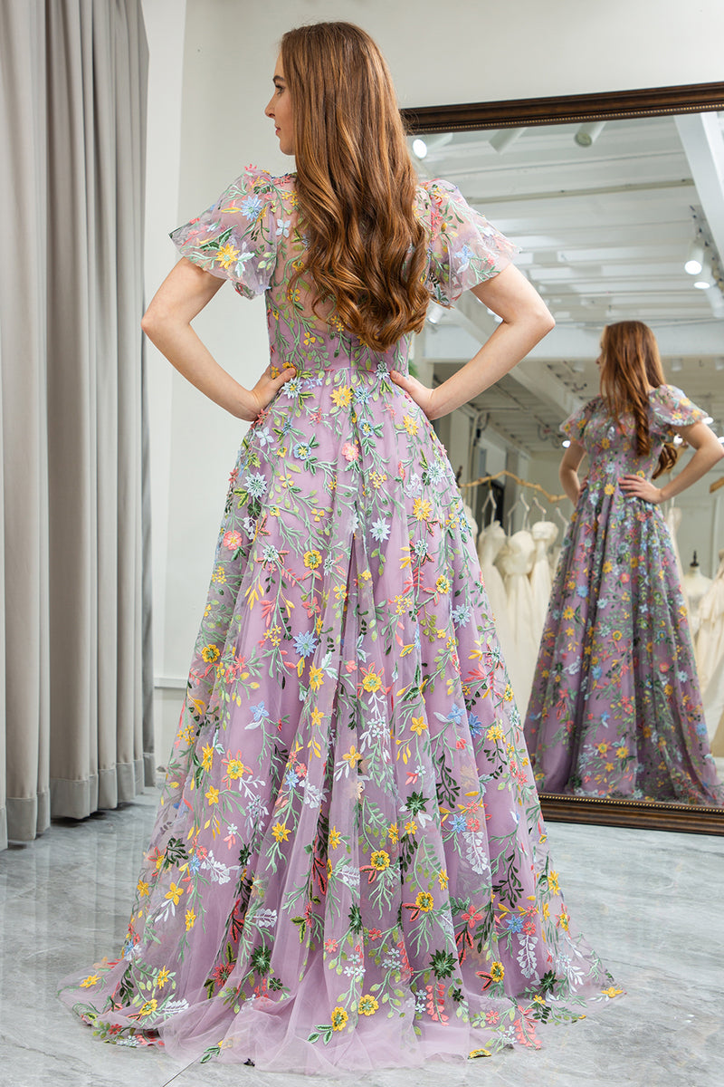 Load image into Gallery viewer, Mauve A-Line Round Neck Prom Dress with Appliques