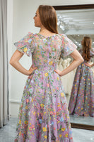 Load image into Gallery viewer, Mauve A-Line Round Neck Prom Dress with Appliques