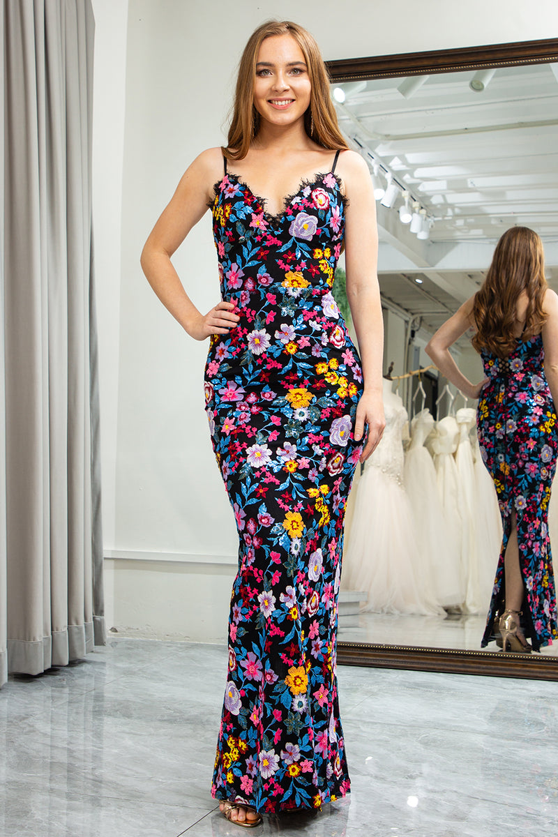 Load image into Gallery viewer, Black Mermaid Spaghetti Straps Embroidered Prom Dress with Slit