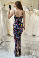 Load image into Gallery viewer, Mermaid Black Spaghetti Straps Embroidered Prom Dress with Slit