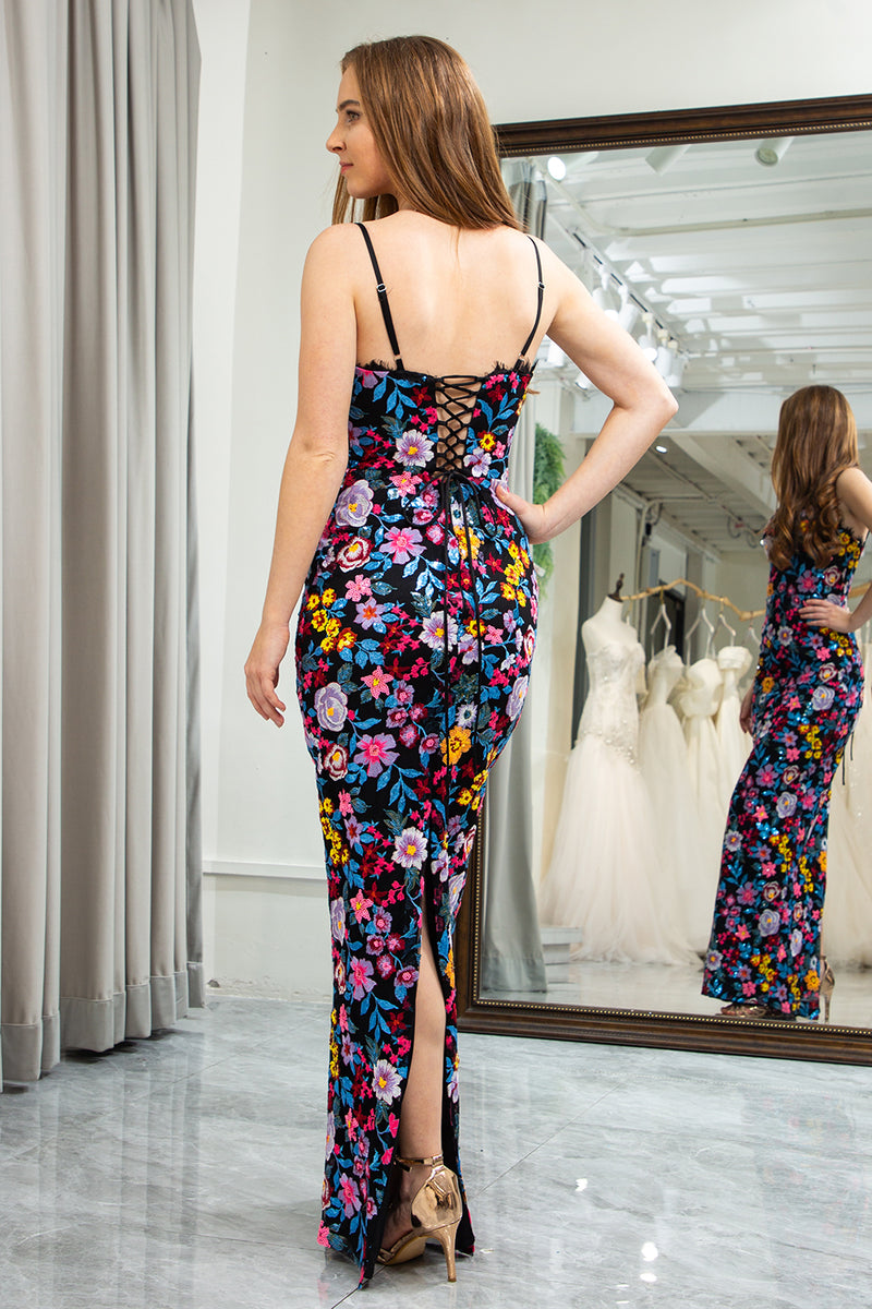 Load image into Gallery viewer, Black Mermaid Spaghetti Straps Embroidered Prom Dress with Slit