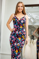 Load image into Gallery viewer, Black Mermaid Spaghetti Straps Embroidered Prom Dress with Slit