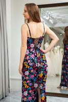 Load image into Gallery viewer, Black Mermaid Spaghetti Straps Embroidered Prom Dress with Slit