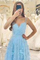 Load image into Gallery viewer, A Line Sky Blue Spaghetti Straps Long Prom Dress with 3D Butterflies