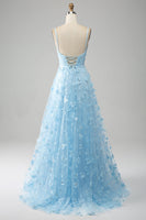 Load image into Gallery viewer, Sky Blue A Line Spaghetti Straps Long Prom Dress with 3D Butterflies