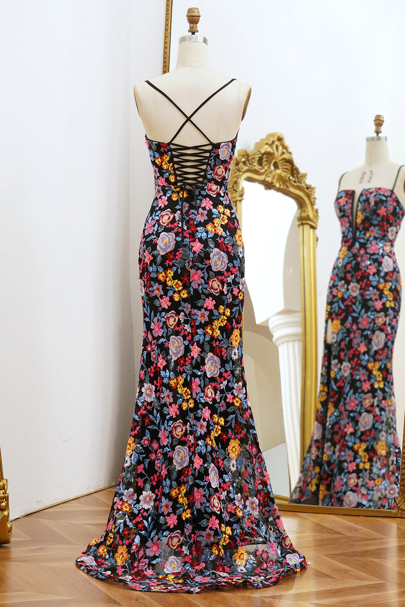 Load image into Gallery viewer, Black Mermaid Spaghetti Straps Long Prom Dress with Slit