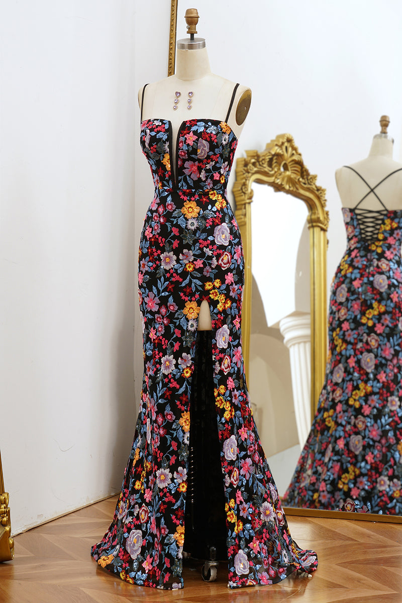 Load image into Gallery viewer, Black Mermaid Spaghetti Straps Long Prom Dress with Slit