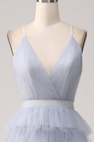 Load image into Gallery viewer, Grey Blue A Line Tiered Tulle Backless Long Prom Dress