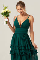 Load image into Gallery viewer, Dark Green A Line Spaghetti Straps Tiered Prom Dress with Pleated