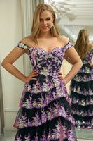 Load image into Gallery viewer, A-line Off the Shoulder Black Pink Tiered Corset Prom Dress with Split