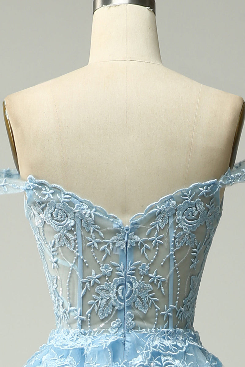 Load image into Gallery viewer, A-line Off The Shoulder Fuchsia Tiered Prom Dress with Sequins