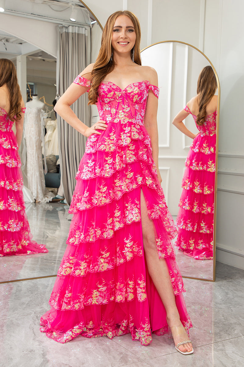 Load image into Gallery viewer, A-line Off The Shoulder Fuchsia Tiered Prom Dress with Sequins
