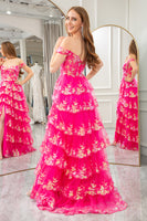 Load image into Gallery viewer, A-line Off The Shoulder Fuchsia Tiered Prom Dress with Sequins