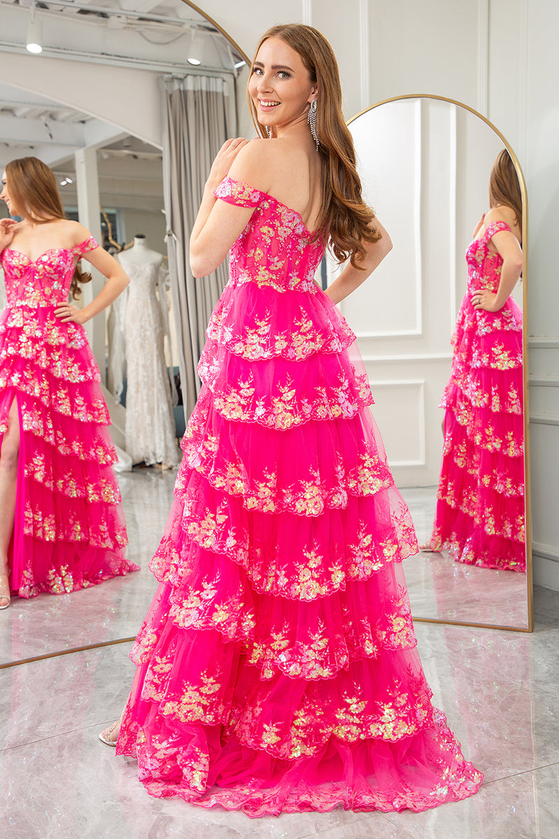Load image into Gallery viewer, A-line Off The Shoulder Fuchsia Tiered Prom Dress with Sequins