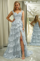 Load image into Gallery viewer, Silver A-line Off the Shoulder Corset Prom Dress with Split