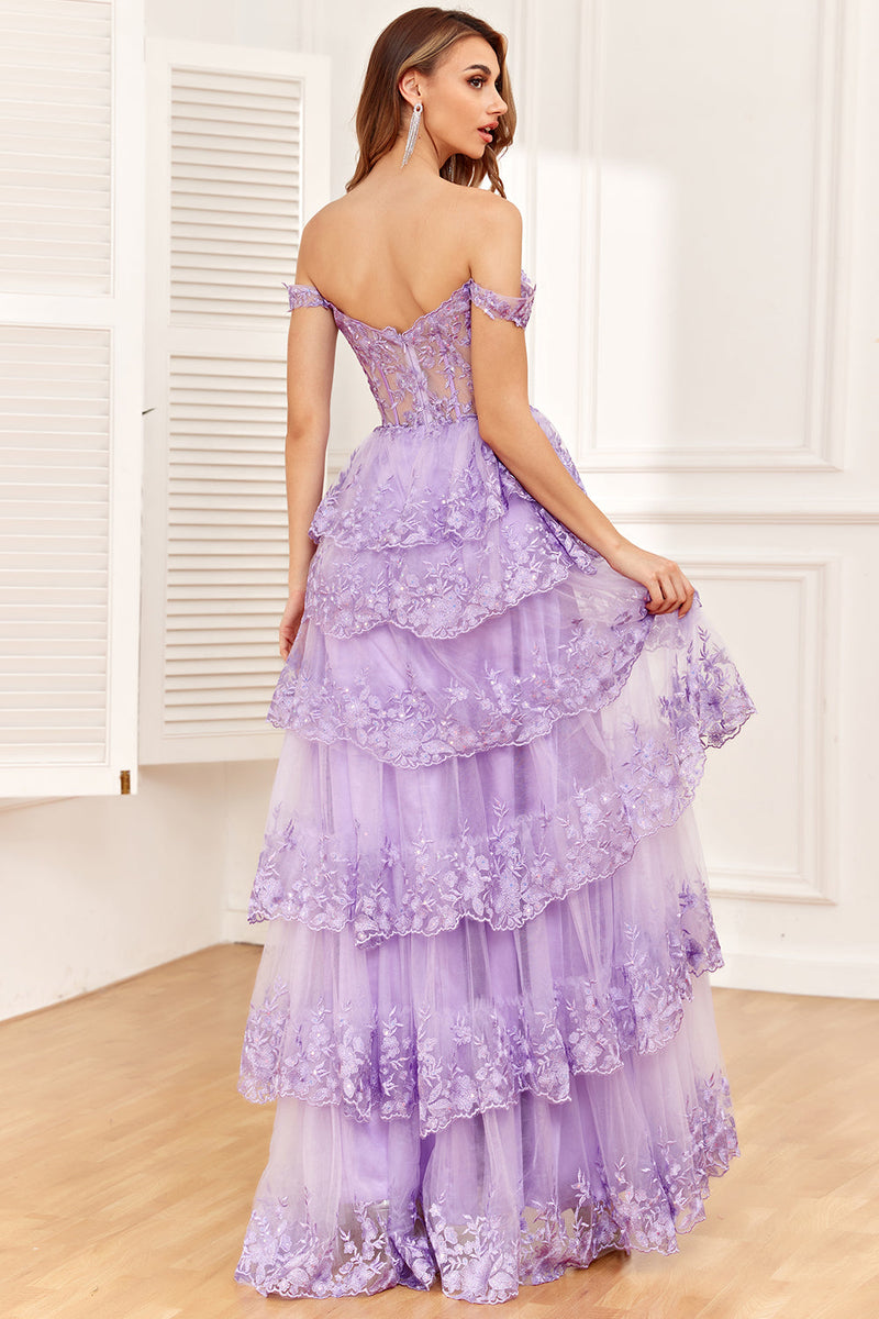 Load image into Gallery viewer, A-line Off The Shoulder Fuchsia Tiered Prom Dress with Sequins