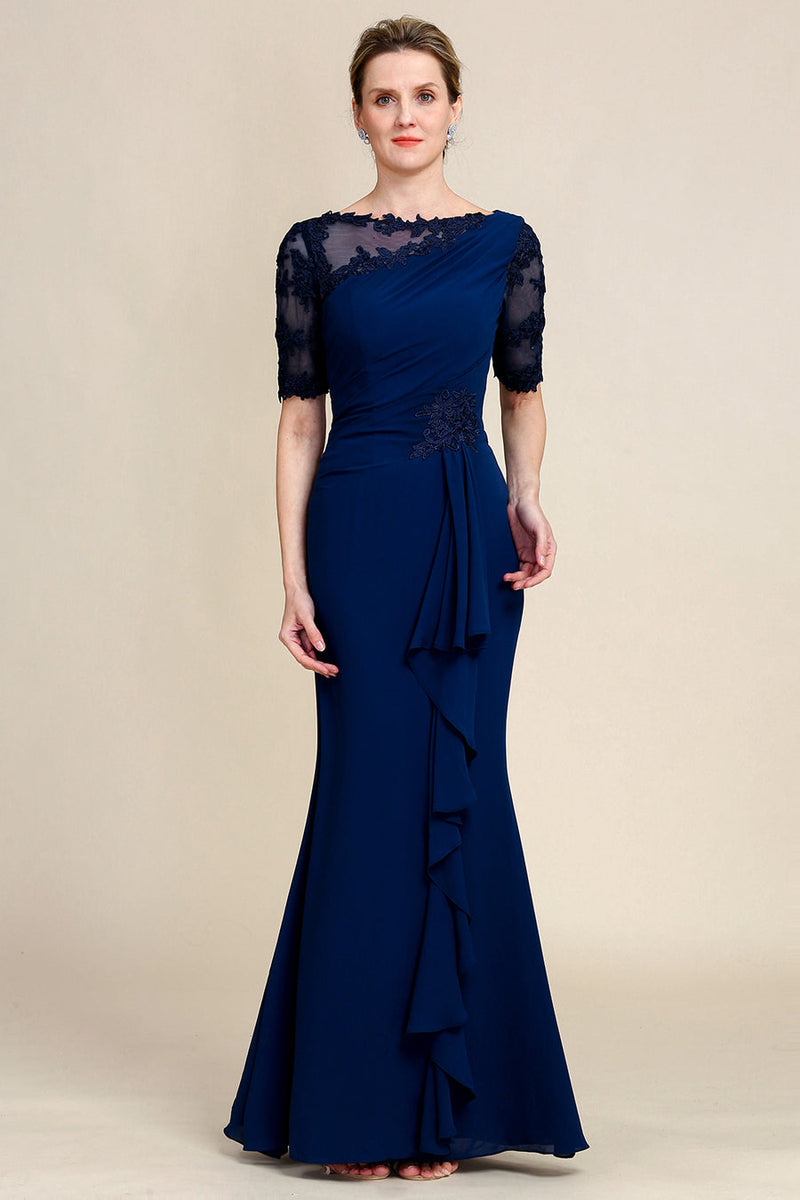 Load image into Gallery viewer, Navy Sheath Mother of Bride Dress with Appliques