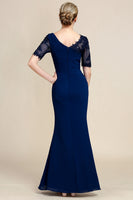 Load image into Gallery viewer, Navy Sheath Mother of Bride Dress with Appliques