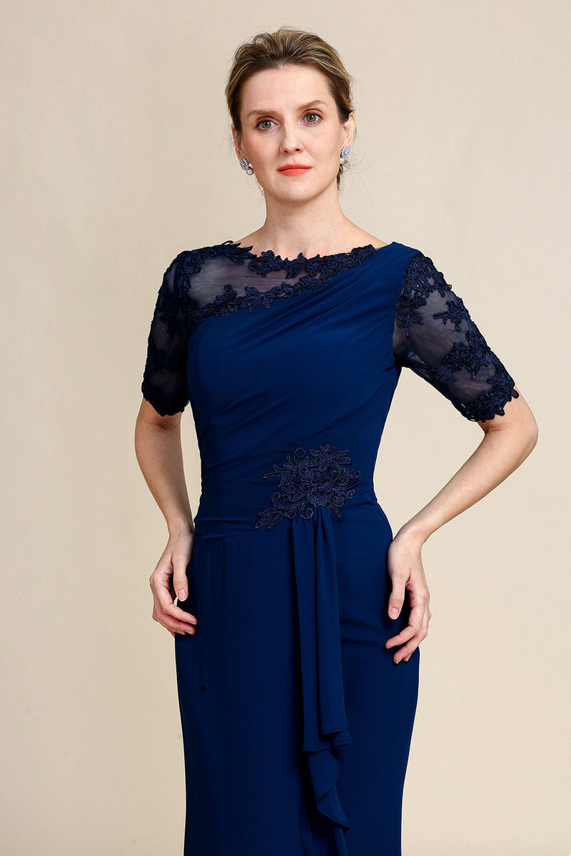 Load image into Gallery viewer, Navy Sheath Mother of Bride Dress with Appliques