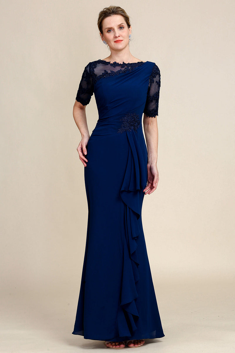 Load image into Gallery viewer, Navy Sheath Mother of Bride Dress with Appliques