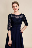 Load image into Gallery viewer, Asymmetrical Navy Mother of Bride Dress with Long Sleeves