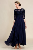 Load image into Gallery viewer, Asymmetrical Navy Mother of Bride Dress with Long Sleeves