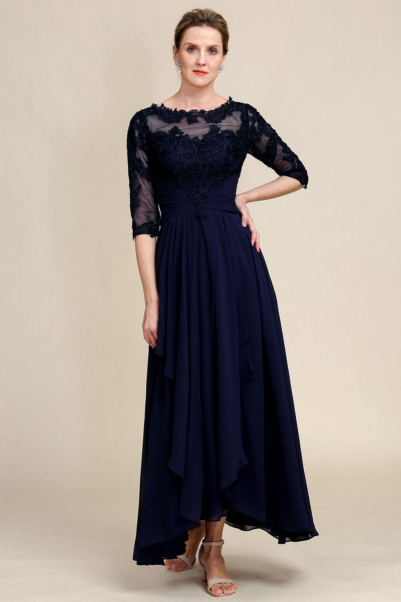 Load image into Gallery viewer, Asymmetrical Navy Mother of Bride Dress with Long Sleeves