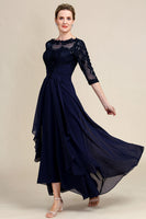 Load image into Gallery viewer, Asymmetrical Navy Mother of Bride Dress with Long Sleeves