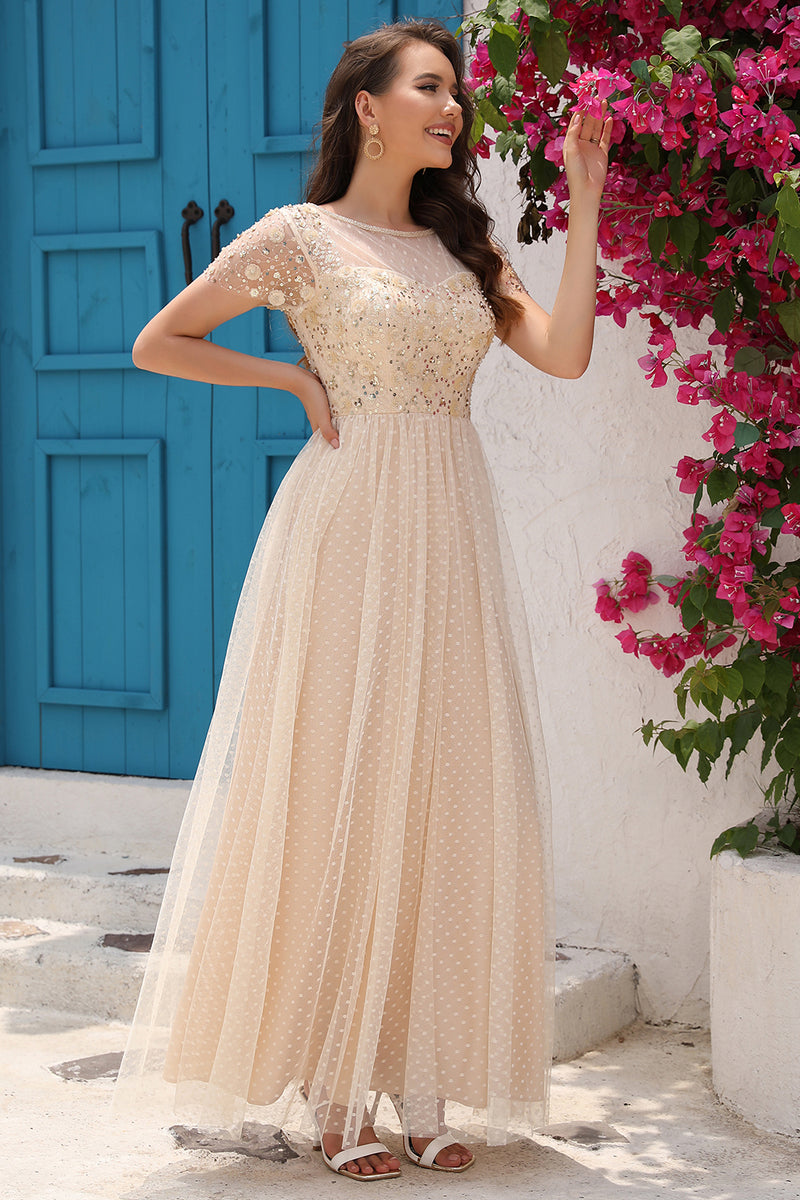 Load image into Gallery viewer, Sequins A Line Tulle Apricot Prom Dress with Lace