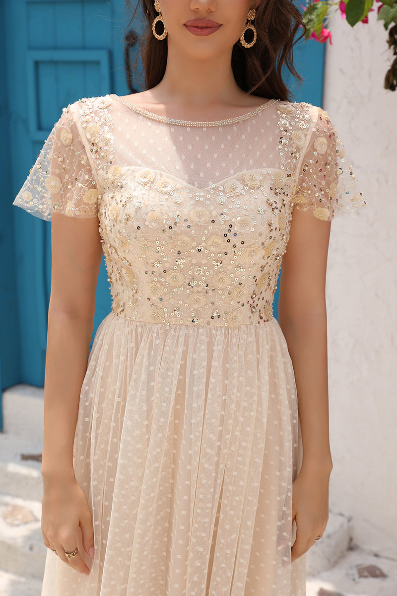 Load image into Gallery viewer, Sequins A Line Tulle Apricot Prom Dress with Lace