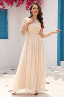Load image into Gallery viewer, Sequins A Line Tulle Apricot Prom Dress with Lace