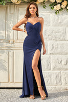 Load image into Gallery viewer, Spaghetti Straps Mermaid Navy Prom Dress with Criss Cross Back