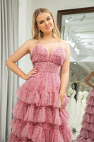 Load image into Gallery viewer, A-Line Spaghetti Straps Pink Print Tiered Long Prom Dress