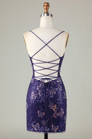 Load image into Gallery viewer, Sparkly Sheath Spaghetti Straps Dark Purple Short Graduation Dress with Criss Cross Back