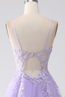 Load image into Gallery viewer, Lilac A-Line Spaghetti Straps Tulle Long Prom Dress with Appliques
