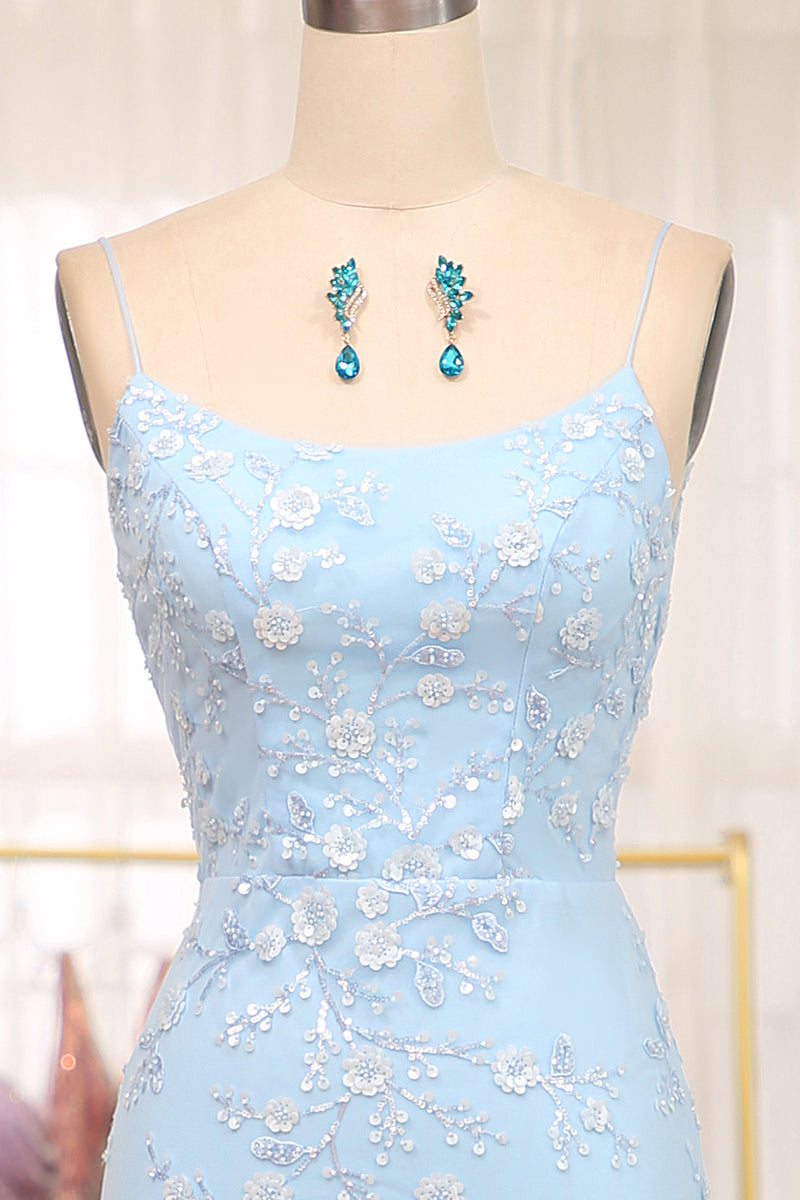 Load image into Gallery viewer, Blue Mermaid Spaghetti Strap Beaded Prom Dress