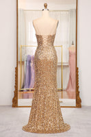 Load image into Gallery viewer, Sparkly Golden Mermaid Long Prom Dress with Slit