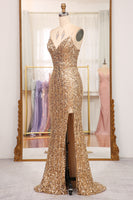 Load image into Gallery viewer, Sparkly Golden Mermaid Long Prom Dress with Slit